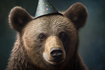 Serious close-up of a majestic bear wearing a jolly party hat, generative ai