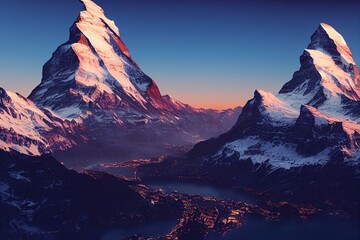 Fototapeta na wymiar Matterhorn and swiss alps in Zermatt, Switzerland. Matterhorn at sunset. Generative AI