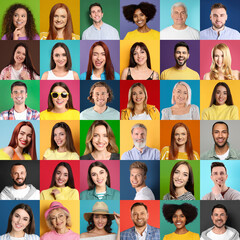 Collage with portraits of happy people on different color backgrounds