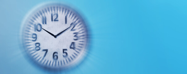 Fleeting time concept. Clock on light blue background, motion effect. Banner design with space for text