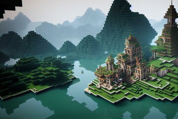 Jungle's castle on the lake. Minecraft. Generative AI - obrazy, fototapety, plakaty