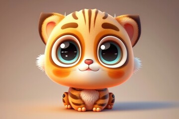 3D Cute smile little tiger kawaii character. Realistic cub with big eyes. Generative AI - obrazy, fototapety, plakaty