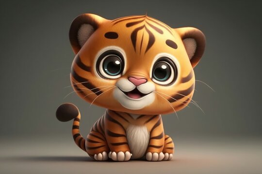 3D Cute smile little tiger kawaii character. Realistic cub with big eyes. Generative AI