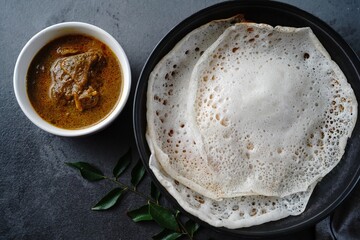 Kerala breakfast appam or palappam with mutton curry