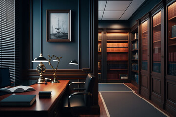 Luxurious and modern business lawyers office with table and lighting. Generative AI
