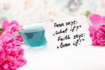 Christian card about fear and faith with biblical lettering and pink peony flowers