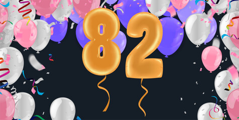 82 birthday Happy birthday, congratulations poster. Balloons numbers with sparkling confetti ribbon, glitter bright