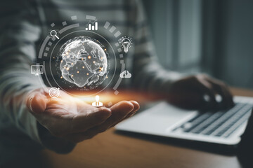 Business entrepreneur using search engine optimization SEO to create marketing campaign to increase sale revenue and drive traffic for online sales transaction. Global business strategy with internet.