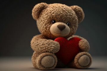 Teddy bear with the red heart. Valentines greeting card. Cute teddy bear holding red heart. Created with generative AI