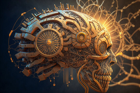 oil paint style steampunk head, gears and mechanism pattern, generative AI