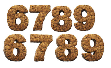 Numbers: 6, 7, 8, 9. Sand alphabet in 3D render. Isolated on white background with easy clipping. Fountain dirty with mud. Two positions, path save.