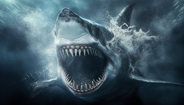 TIBURON DE FRENTE CON LA BOCA ABIERTA. IA GENERATIVA. COLOR. HORIZONTAL