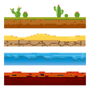 Pixel art. Playing environment: landscape. Ground, soil, water surface, for custom games.  game platform. Vector