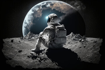 Astronaut sitting in a moon looking to the planet eath, generative AI