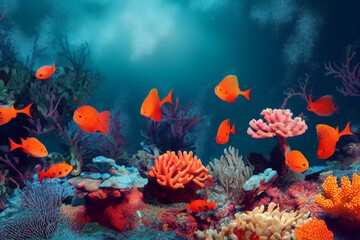 Fototapeta na wymiar Beautiful tropical coral reef with shoal or red coral fish Anthias. Wonderful underwater world with corals, tropical fish. Generative AI