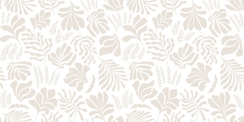 Abstract background with leaves and flowers in Matisse style. Seamless pattern with Scandinavian cut out elements.