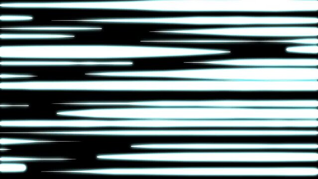 Flickering neon lines on a black screen. The effect of speed in horizontal orientation. FX animation with the concept of blurring the background in high speed of movement.
