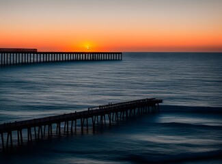 Obraz premium A scenic sunset over the ocean with a pier created with Generative AI technology