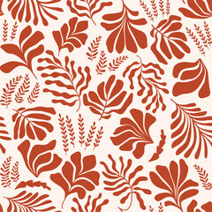 Abstract background with leaves and flowers in Matisse style. Seamless pattern with Scandinavian cut out elements.
