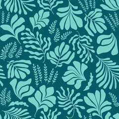 Abstract background with leaves and flowers in Matisse style. Seamless pattern with Scandinavian cut out elements.