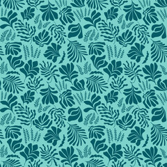 Naklejka na ściany i meble Abstract background with leaves and flowers in Matisse style. Seamless pattern with Scandinavian cut out elements.