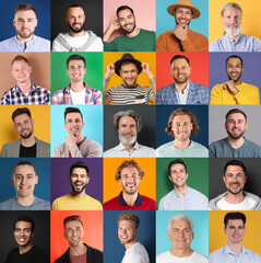 Collage with portraits of happy men on different color backgrounds