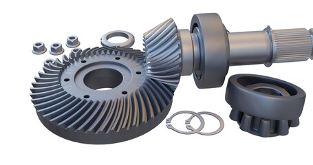 Collection of the ring gear and pinion forming a spiral bevel gear assembly. Also shows assembly nuts, a spare bearing, circlips, a bearing lock nut and o-rings.