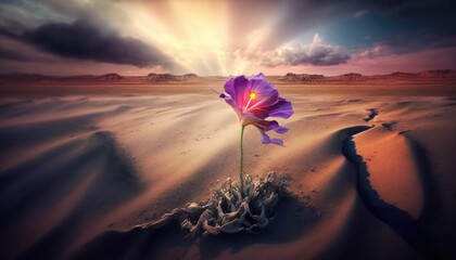 Beautiful flower surviving in the dry, cracked ground and desert heat created with generative AI technology.