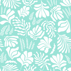 Fototapeta na wymiar Abstract background with leaves and flowers in Matisse style. Seamless pattern with Scandinavian cut out elements.