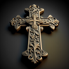 A close up 3D illustration of an ornate byzantine metal orthodox Christian cross isolated on a black background, presented in perspective, created with Generative AI technology - obrazy, fototapety, plakaty