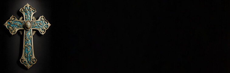 A close up illustration of an ornate byzantine brass orthodox Christian cross with coloured decorative ornaments isolated on a black background, copy space, created with Generative AI technology