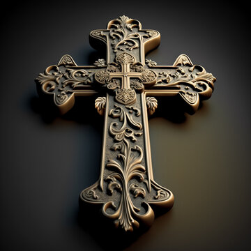 A close up 3D illustration of an ornate byzantine metal orthodox Christian cross isolated on a black background, presented in perspective, created with Generative AI technology