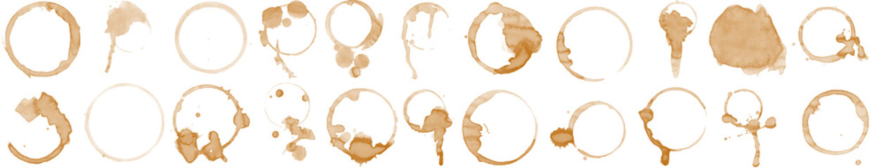 Set of Coffee stains isolated on a transparent background. Royalty high-quality free stock PNG image of Coffee and Tea Stains Cup Bottoms. Round coffee stain isolated, cafe stain fleck drink beverage