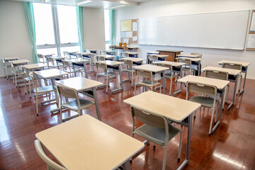 教壇と並んだ生徒の机とイス。教室、学校イメージの背景素材