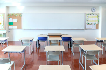 教壇と並んだ生徒の机とイス。教室、学校イメージの背景素材 - obrazy, fototapety, plakaty
