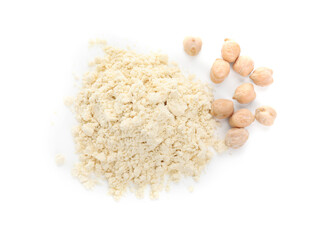 Pile of chickpea flour and seeds isolated on white, top view