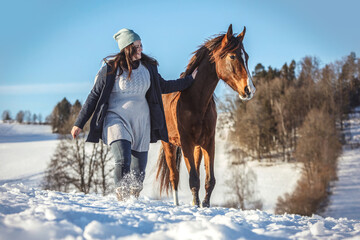 Horsemanship team scene: A young woman and her brown horse interacting and working as a team. Horse and owner trustful bond concept.