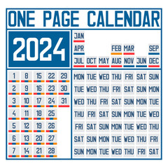 One page calendar 2024. Leap year. Month/day combination. Flat vector illustration.