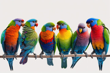 A row of bright, colourful lorikeet parrots perched on a wire, isolated against a white background.  Generative AI.
