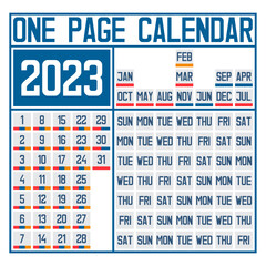 One page calendar 2023. Match up the day and month of the year with the day of the week that it falls on. Flat vector illustration.