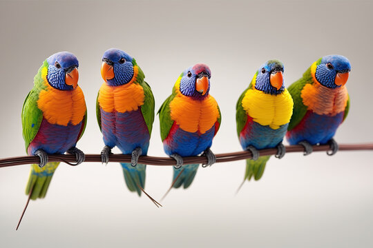 A row of bright, colourful lorikeet parrots perched on a wire, isolated against a white background.  Generative AI.