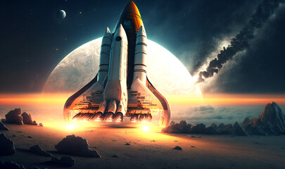 Obraz premium Space shuttle blast off with a successful launch, heading to Mars at sunset in a starry sky
