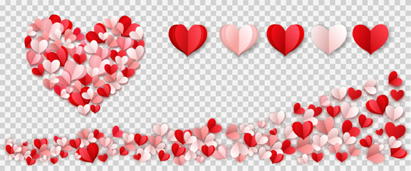 Collection of red, pink and white flying hearts and hearts collected from paper hearts isolated on a transparent background. Vector illustration.
