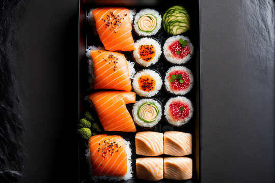 Salmon sushi variations on a black background on a tray for delivery, including sashimi, onigiri, sushi Jhow, sakemaki, and uramaki Philadelphia. Generative AI