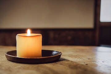 hand made candle burning on a wooden table generative ai 