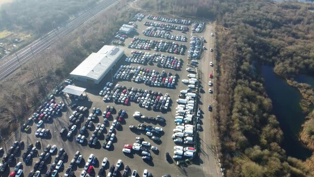 Aerial Footage of Huge Car Parking at Kempston Bedford Town of England UK. The Footage  Was Captured on 06-Feb-2023 with Drone's Camera