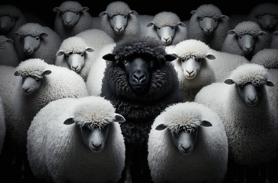 A black sheep surround with normal white sheep metaphor to be outstanding or unique. Generative ai.
