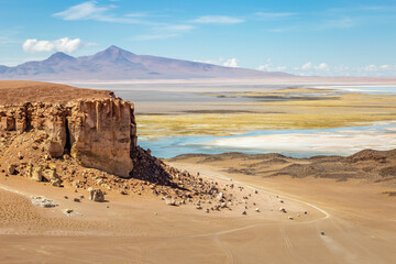 Salt lake, volcanic landscape at Sunset, Atacama, Chile border with Bolivia - obrazy, fototapety, plakaty