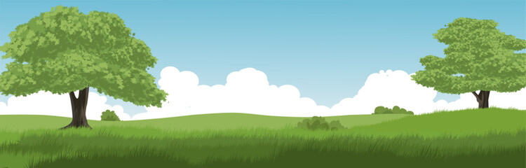 Fototapeta premium panoramic sunny day landscape with trees and meadow