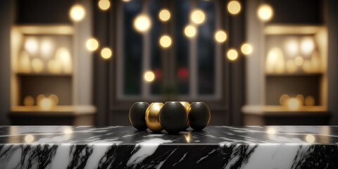 Naklejka na ściany i meble Festive background. Modern empty dark gold marble table top on blurry bokeh room interior background or restaurant. holiday concept. for montage product display. digital ai art